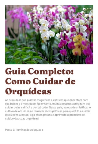 Guia Completo:
Como Cuidar de
Orquídeas
As orquídeas são plantas magníficas e exóticas que encantam com
sua beleza e diversidade. No entanto, muitas pessoas acreditam que
cuidar delas é difícil e complicado. Neste guia, vamos desmistificar o
cultivo de orquídeas e fornecer dicas práticas para ajudá-lo a cuidar
delas com sucesso. Siga esses passos e aproveite o processo de
cultivo das suas orquídeas!
Passo 1: Iluminação Adequada
 
