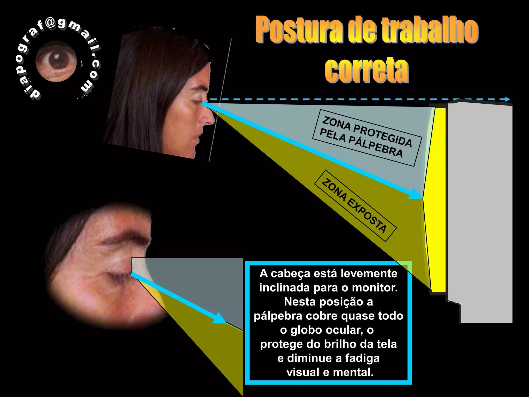 A cabeça está levemente
 inclinada para o monitor.
      Nesta posição a
pálpebra cobre quase todo
     o globo ocular, o
 protege do brilho da tela
    e diminue a fadiga
       visual e mental.
 
