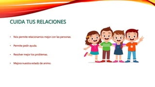 CUIDA TUS RELACIONES
• Nos permite relacionarnos mejor con las personas.
• Permite pedir ayuda.
• Resolver mejor los problemas.
• Mejora nuestra estado de animo.
 