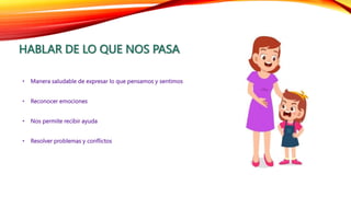 HABLAR DE LO QUE NOS PASA
• Manera saludable de expresar lo que pensamos y sentimos
• Reconocer emociones
• Nos permite recibir ayuda
• Resolver problemas y conflictos
 