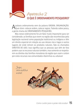 Apetrecho 2
                   O qUE É OrDENAMENTO PESqUEIrO?


A   palavra  ordenamento vem  da  palavra  ORDEM,  ORGANIZAçãO. 
    Quer dizer: colocar ordem, colocar regras. Falando sobre pesca, 
a gente chama de ORDENAMENTO PESQUEIRO. 
    Mas nesse ordenamento há um fator muito importante para ser 
considerado: as famílias que vivem na região são reconhecidas pela 
legislação nacional como população tradicional ou indígena e têm 
um direito especial em relação ao uso desses rios e lagos e outros 
lugares  de  onde  retiram  os  produtos  naturais.  São  os  chamados 
DIREITOS  DE  USO.  Isso  significa  que  as  pessoas  que  vêm  de  fora 
podem usar os recursos naturais também, mas somente se respeita-
rem os direitos das famílias moradoras da região que usam e zelam 
por estes recursos nas comunidades ribeirinhas ou urbanas!




     Jequi,
     armadilha
     móvel




                               Como cuidar para o peixe não acabar       15
 