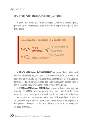 Apetrecho 3

  RESULTADOS DE ALGUNS ESTUDOS JÁ FEITOS

     A pesca na região do médio rio Negro pode ser entendida por 2 
  grandes tipos diferentes: pesca artesanal e esportiva. Veja no qua-
  dro abaixo:



           A pesca pode ser classificada em 2 grandes tipos:


                      PESCA                DE SUBSISTÊNCIA
                      ArTESANAL            COMERCIAL
                                           ORNAMENTAL
                      PESCA ESPOrTIVA




      A PESCA ArTESANAL DE SUBSISTÊNCIA é aquela feita pelas famí-
  lias moradoras da região, para o próprio CONSUMO, com venda de 
  pequena  quantidade  do  pescado  não  consumido.  Os  pescadores 
  geralmente trabalham próximos das suas casas, com barcos peque-
  nos e utilizam caixas de isopor para armazenar o peixe.
      A  PESCA ArTESANAL COMErCIAL  é  aquela  feita  com  objetivo 
  principal de VENDA. Aqui, os pescadores usam uma área de pesca 
  maior do que a usada pelos pescadores de subsistência, trabalham 
  com canoas e barcos maiores, e também utilizam caixas de isopor. 
  Os pescadores podem ser moradores daquela área em que pescam, 
  mas podem também ser de comunidades afastadas ou então das 
  cidades próximas. 


22   Como cuidar para o peixe não acabar
 