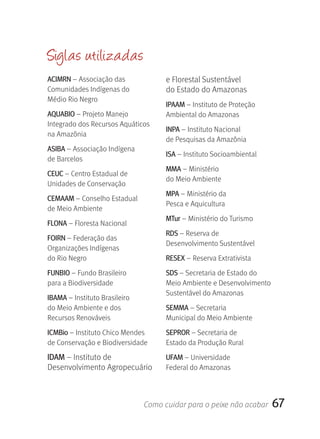 Siglas utilizadas
ACIMrN – Associação das               e Florestal Sustentável 
Comunidades Indígenas do              do Estado do Amazonas
Médio Rio Negro
                                      IPAAM – Instituto de Proteção 
AqUABIO – Projeto Manejo              Ambiental do Amazonas
Integrado dos Recursos Aquáticos 
                                      INPA – Instituto Nacional 
na Amazônia
                                      de Pesquisas da Amazônia
ASIBA – Associação Indígena 
                                      ISA – Instituto Socioambiental
de Barcelos
                                      MMA – Ministério 
CEUC – Centro Estadual de 
                                      do Meio Ambiente
Unidades de Conservação
                                      MPA – Ministério da 
CEMAAM – Conselho Estadual 
                                      Pesca e Aquicultura 
de Meio Ambiente 
                                      MTur – Ministério do Turismo
FLONA – Floresta Nacional
                                      rDS – Reserva de 
FOIrN – Federação das 
                                      Desenvolvimento Sustentável
Organizações Indígenas 
do Rio Negro                          rESEX – Reserva Extrativista
FUNBIO – Fundo Brasileiro             SDS – Secretaria de Estado do 
para a Biodiversidade                 Meio Ambiente e Desenvolvimento 
                                      Sustentável do Amazonas
IBAMA – Instituto Brasileiro 
do Meio Ambiente e dos                SEMMA – Secretaria 
Recursos Renováveis                   Municipal do Meio Ambiente
ICMBio – Instituto Chico Mendes       SEPrOr – Secretaria de 
de Conservação e Biodiversidade       Estado da Produção Rural
IDAM – Instituto de                   UFAM – Universidade 
Desenvolvimento Agropecuário          Federal do Amazonas



                                Como cuidar para o peixe não acabar    67
 