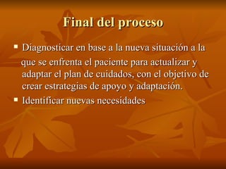 Final del proceso
Final del proceso
 Diagnosticar en base a la nueva situación a la
Diagnosticar en base a la nueva situación a la
que se enfrenta el paciente para actualizar y
que se enfrenta el paciente para actualizar y
adaptar el plan de cuidados, con el objetivo de
adaptar el plan de cuidados, con el objetivo de
crear estrategias de apoyo y adaptación.
crear estrategias de apoyo y adaptación.
 Identificar nuevas necesidades
Identificar nuevas necesidades
 