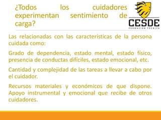¿Todos los cuidadores
experimentan sentimiento de
carga?
Las relacionadas con las características de la persona
cuidada como:
Grado de dependencia, estado mental, estado físico,
presencia de conductas difíciles, estado emocional, etc.
Cantidad y complejidad de las tareas a llevar a cabo por
el cuidador.
Recursos materiales y económicos de que dispone.
Apoyo instrumental y emocional que recibe de otros
cuidadores.
 