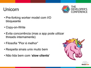Globalcode – Open4education
Unicorn
• Pre-forking worker model com I/O
bloqueante
• Copy-on-Write
• Evita concorrência (mas a app pode utilizar
threads internamente)
• Filosofia "Pior é melhor”
• Respeita sinais unix muito bem
• Não lida bem com ‘slow clients'
 