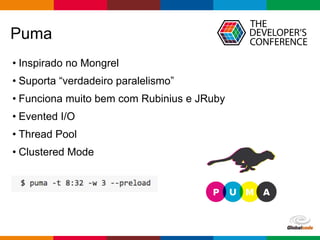 Globalcode – Open4education
Puma
• Inspirado no Mongrel
• Suporta “verdadeiro paralelismo”
• Funciona muito bem com Rubinius e JRuby
• Evented I/O
• Thread Pool
• Clustered Mode
 