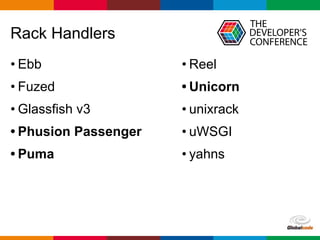 Globalcode – Open4education
Rack Handlers
• Ebb
• Fuzed
• Glassfish v3
• Phusion Passenger
• Puma
• Reel
• Unicorn
• unixrack
• uWSGI
• yahns
 