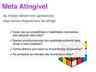 Meta Atingível
As metas devem ser agressivas,
mas nunca impossíveis de atingir.


    ✓ Quais são as competências e habilidades necessárias
      para alcançar esta meta?

    ✓ Nossos produtos/serviços tem qualidade suﬁciente para
      tornar a meta realidade?

    ✓ Temos dinheiro para fazer os investimentos necessários?
    ✓ As condições do mercado são favoráveis à meta?
 
