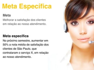 Meta Especíﬁca
Meta
Melhorar a satisfação dos clientes
em relação ao nosso atendimento.



Meta especíﬁca
No próximo semestre, aumentar em
50% a nota média de satisfação dos
clientes de São Paulo, que
contrataram o serviço X, em relação
ao nosso atendimento.
 