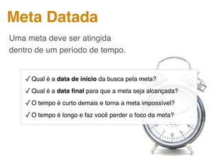 Meta Datada
Uma meta deve ser atingida
dentro de um período de tempo.


    ✓ Qual é a data de início da busca pela meta?
    ✓ Qual é a data ﬁnal para que a meta seja alcançada?
    ✓ O tempo é curto demais e torna a meta impossível?
    ✓ O tempo é longo e faz você perder o foco da meta?
 