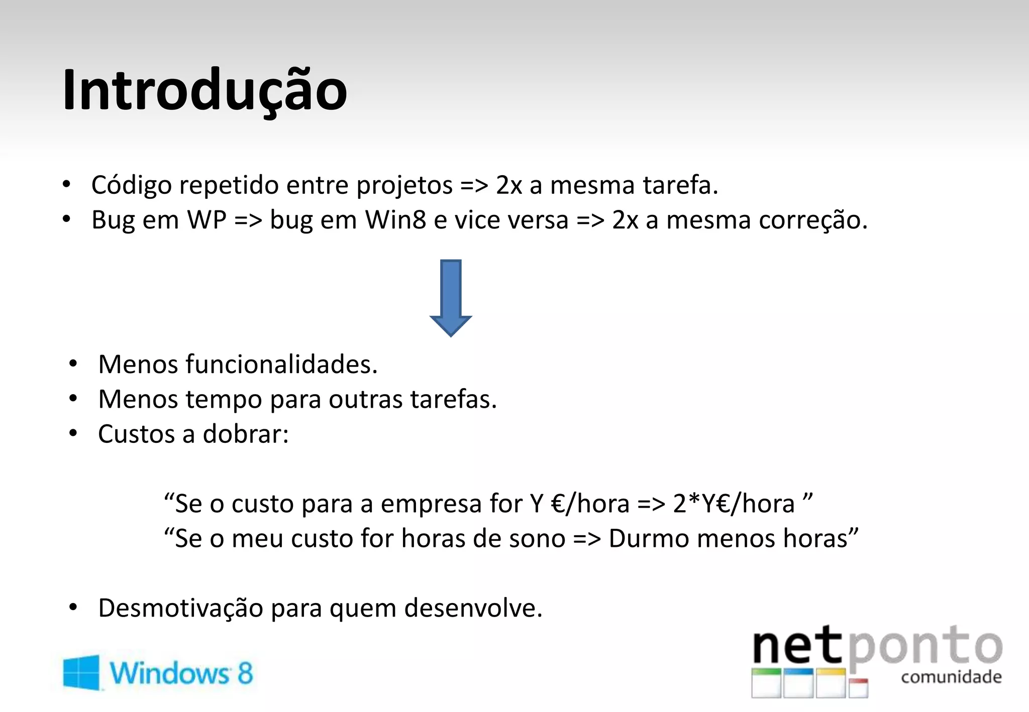 Introdução
• Código repetido entre projetos => 2x a mesma tarefa.
• Bug em WP => bug em Win8 e vice versa => 2x a mesma correção.



• Menos funcionalidades.
• Menos tempo para outras tarefas.
• Custos a dobrar:

       “Se o custo para a empresa for Y €/hora => 2*Y€/hora ”
       “Se o meu custo for horas de sono => Durmo menos horas”

• Desmotivação para quem desenvolve.
 