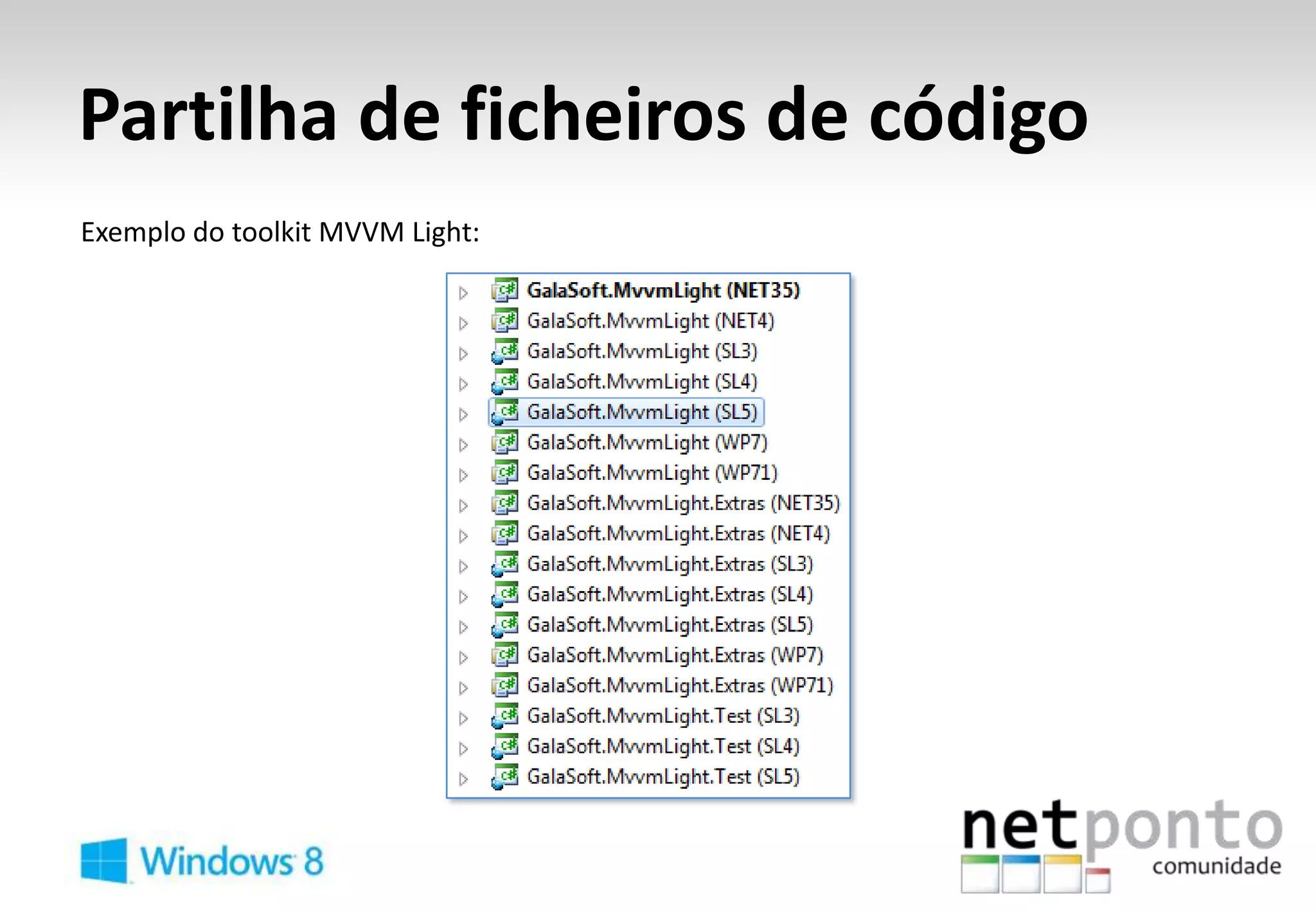 Partilha de ficheiros de código
Exemplo do toolkit MVVM Light:
 
