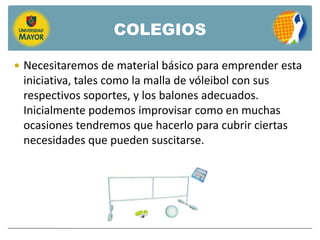 COLEGIOS

 Necesitaremos de material básico para emprender esta
 iniciativa, tales como la malla de vóleibol con sus
 respectivos soportes, y los balones adecuados.
 Inicialmente podemos improvisar como en muchas
 ocasiones tendremos que hacerlo para cubrir ciertas
 necesidades que pueden suscitarse.
 