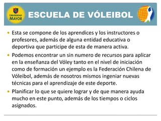 ESCUELA DE VÓLEIBOL

 Esta se compone de los aprendices y los instructores o
  profesores, además de alguna entidad educativa o
  deportiva que participe de esta de manera activa.
 Podemos encontrar un sin numero de recursos para aplicar
  en la enseñanza del Vóley tanto en el nivel de iniciación
  como de formación un ejemplo es la Federación Chilena de
  Vóleibol, además de nosotros mismos ingeniar nuevas
  técnicas para el aprendizaje de este deporte.
 Planificar lo que se quiere lograr y de que manera ayuda
  mucho en este punto, además de los tiempos o ciclos
  asignados.
 