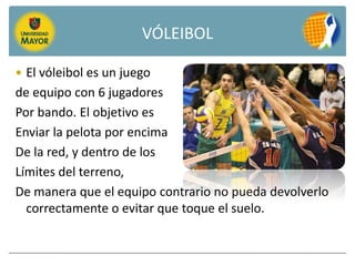 VÓLEIBOL

 El vóleibol es un juego
de equipo con 6 jugadores
Por bando. El objetivo es
Enviar la pelota por encima
De la red, y dentro de los
Límites del terreno,
De manera que el equipo contrario no pueda devolverlo
  correctamente o evitar que toque el suelo.
 