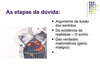 As etapas da dúvida: Argumento da ilusão dos sentidos Da existência da realidade – O sonho Das verdades matemáticas (génio maligno) .  