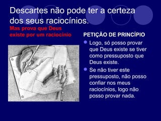 Descartes não pode ter a certeza
dos seus raciocínios.
Mas prova que Deus
existe por um raciocínio PETIÇÃO DE PRINCÍPIO
Logo, só posso provar
que Deus existe se tiver
como pressuposto que
Deus existe.
Se não tiver este
pressuposto, não posso
confiar nos meus
raciocínios, logo não
posso provar nada.
 