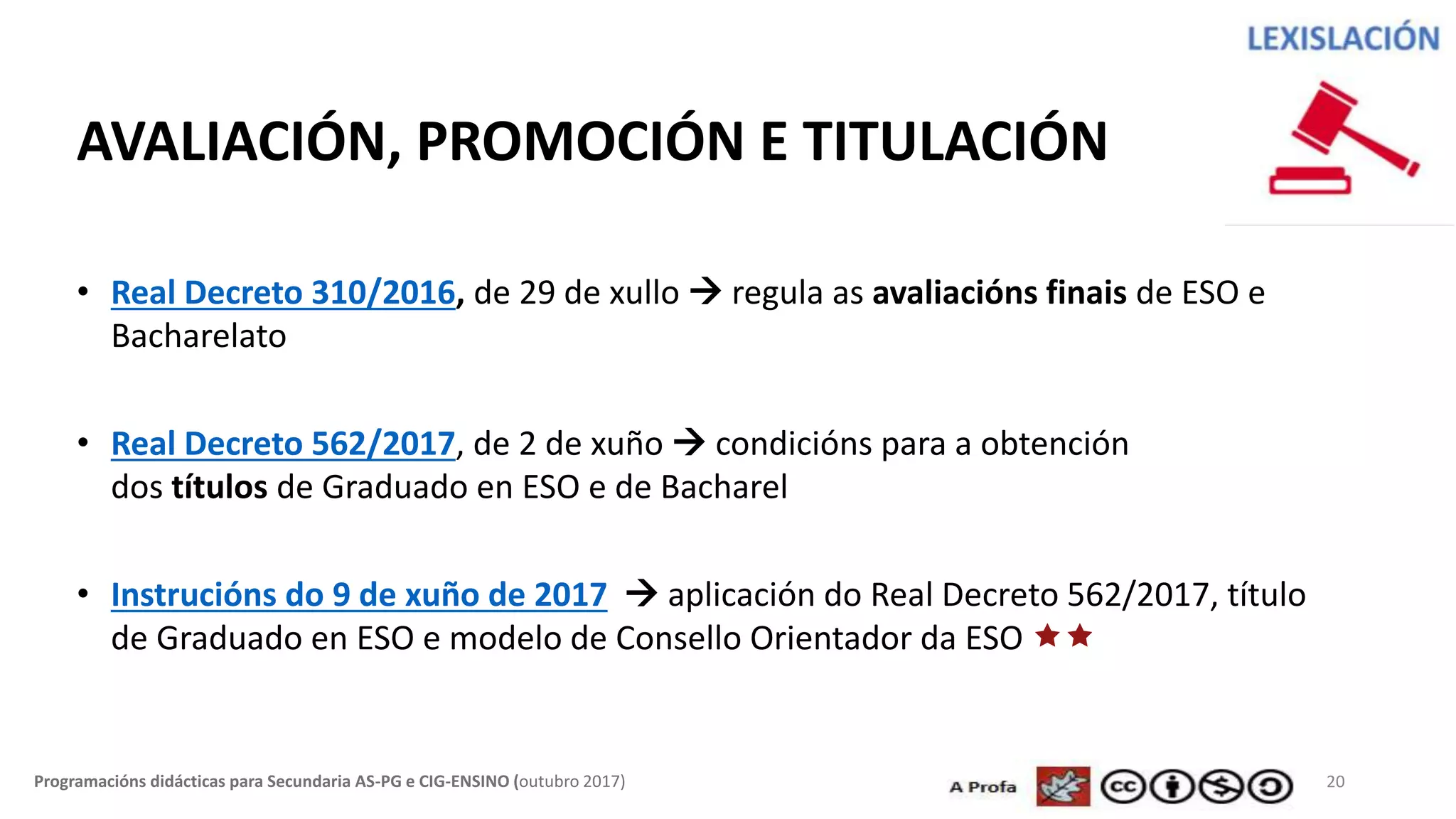 20Programacións didácticas para Secundaria AS-PG e CIG-ENSINO (outubro 2017)
AVALIACIÓN, PROMOCIÓN E TITULACIÓN
• Real Decreto 310/2016, de 29 de xullo  regula as avaliacións finais de ESO e
Bacharelato
• Real Decreto 562/2017, de 2 de xuño  condicións para a obtención
dos títulos de Graduado en ESO e de Bacharel
• Instrucións do 9 de xuño de 2017  aplicación do Real Decreto 562/2017, título
de Graduado en ESO e modelo de Consello Orientador da ESO 
 