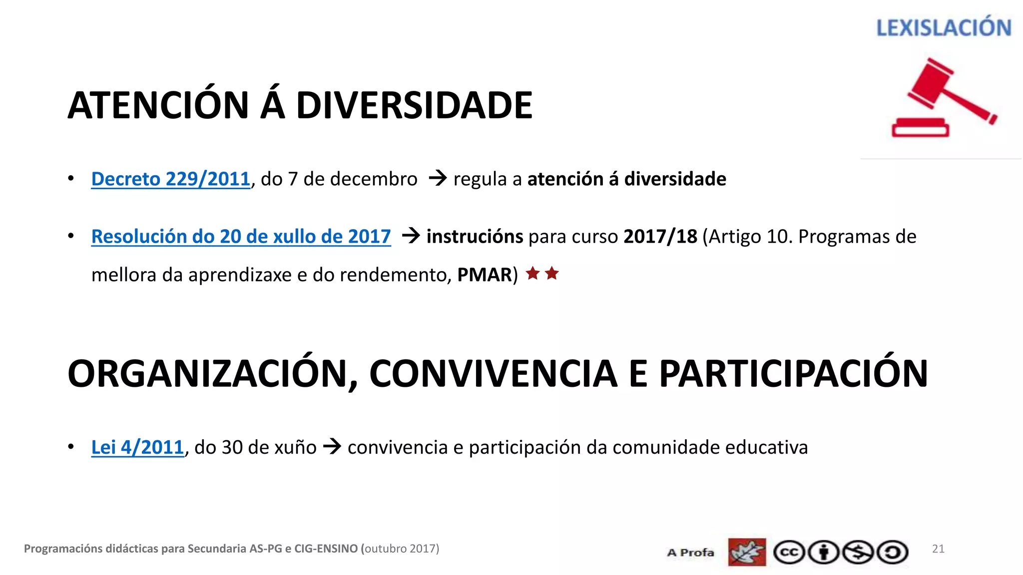 21Programacións didácticas para Secundaria AS-PG e CIG-ENSINO (outubro 2017)
ATENCIÓN Á DIVERSIDADE
• Decreto 229/2011, do 7 de decembro  regula a atención á diversidade
• Resolución do 20 de xullo de 2017  instrucións para curso 2017/18 (Artigo 10. Programas de
mellora da aprendizaxe e do rendemento, PMAR) 
ORGANIZACIÓN, CONVIVENCIA E PARTICIPACIÓN
• Lei 4/2011, do 30 de xuño  convivencia e participación da comunidade educativa
 