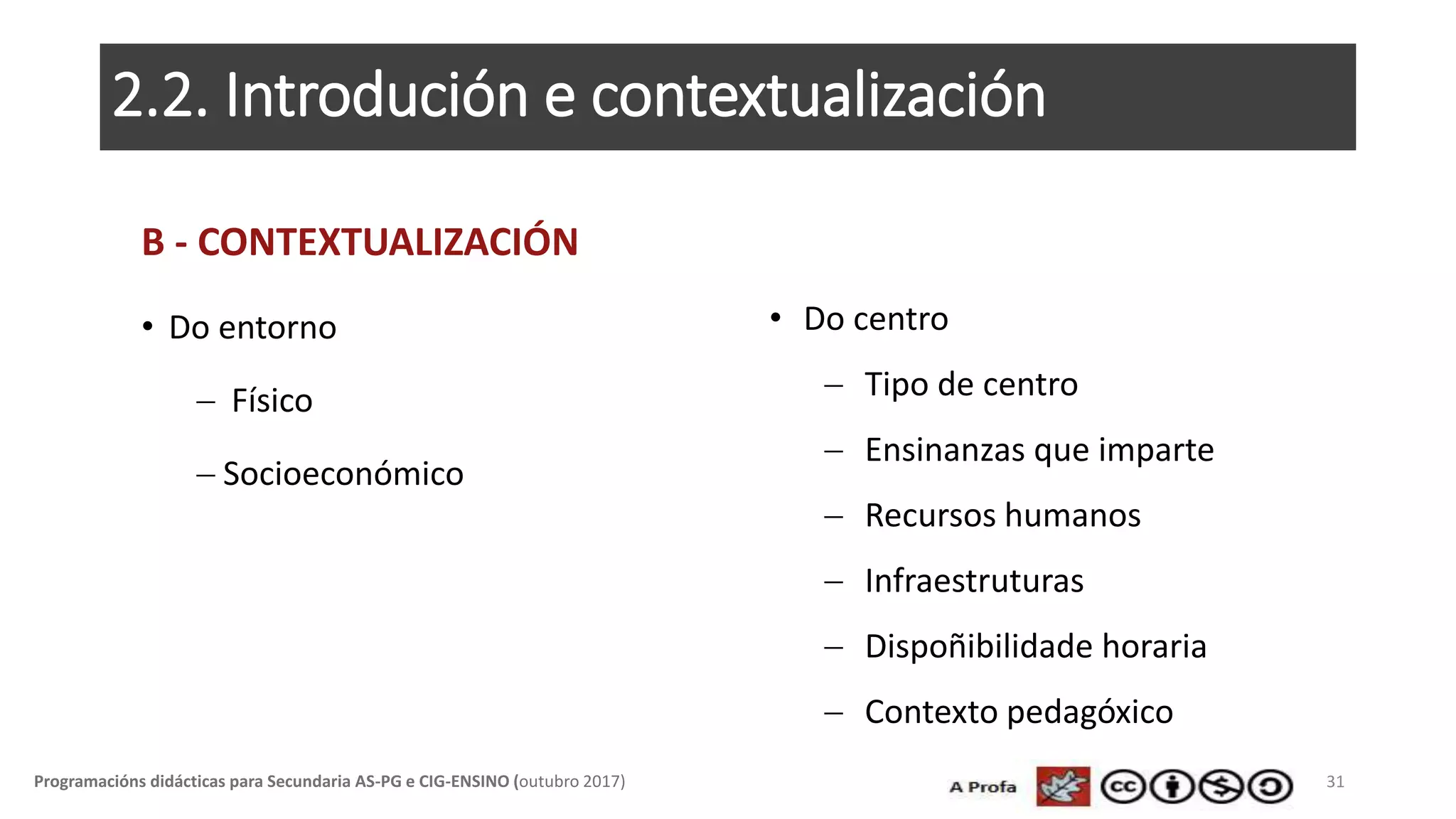 2.2. Introdución e contextualización
B - CONTEXTUALIZACIÓN
• Do entorno
 Físico
 Socioeconómico
31Programacións didácticas para Secundaria AS-PG e CIG-ENSINO (outubro 2017)
• Do centro
 Tipo de centro
 Ensinanzas que imparte
 Recursos humanos
 Infraestruturas
 Dispoñibilidade horaria
 Contexto pedagóxico
 