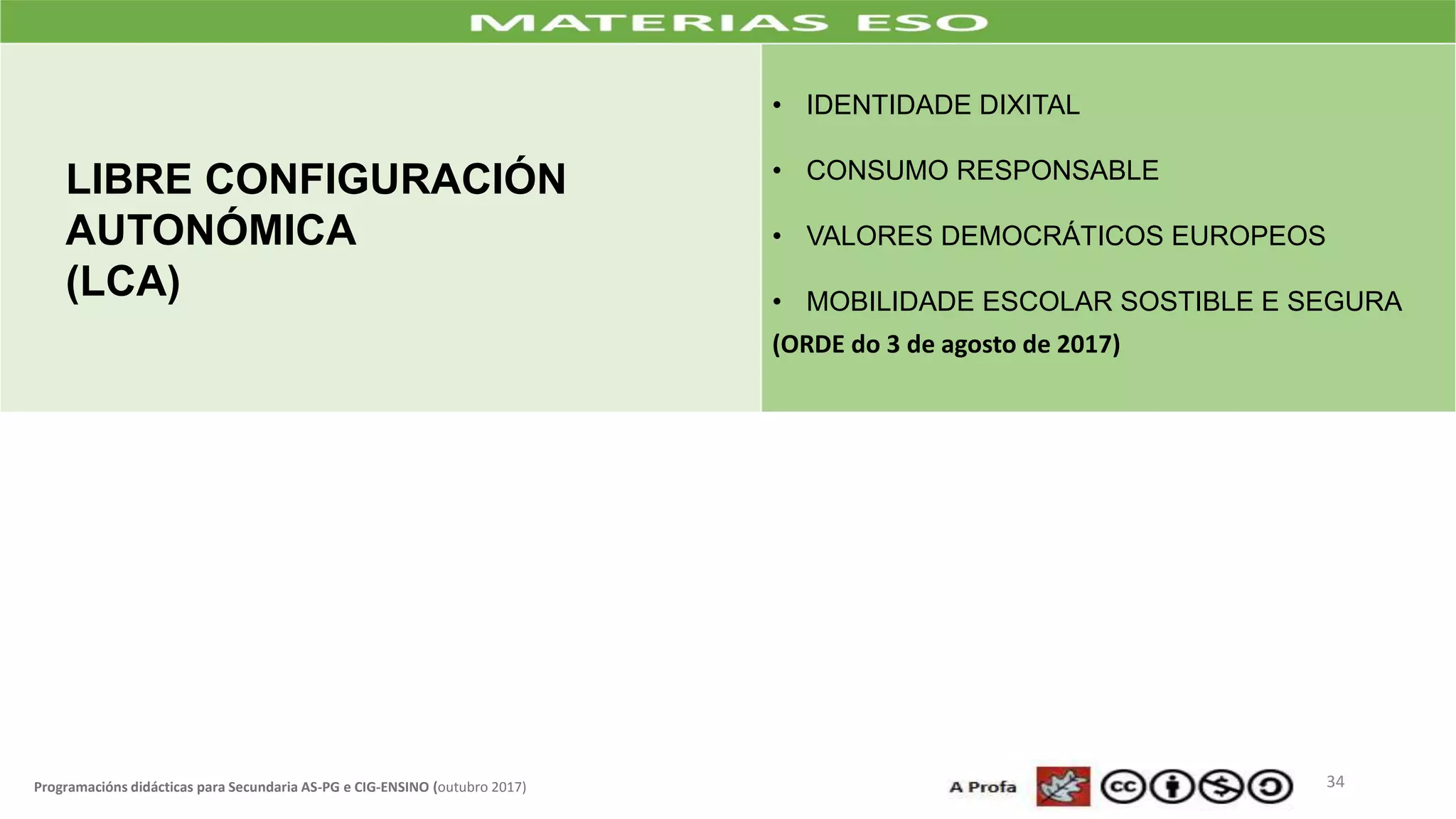 34Programacións didácticas para Secundaria AS-PG e CIG-ENSINO (outubro 2017)
LIBRE CONFIGURACIÓN
AUTONÓMICA
(LCA)
• IDENTIDADE DIXITAL
• CONSUMO RESPONSABLE
• VALORES DEMOCRÁTICOS EUROPEOS
• MOBILIDADE ESCOLAR SOSTIBLE E SEGURA
(ORDE do 3 de agosto de 2017)
 