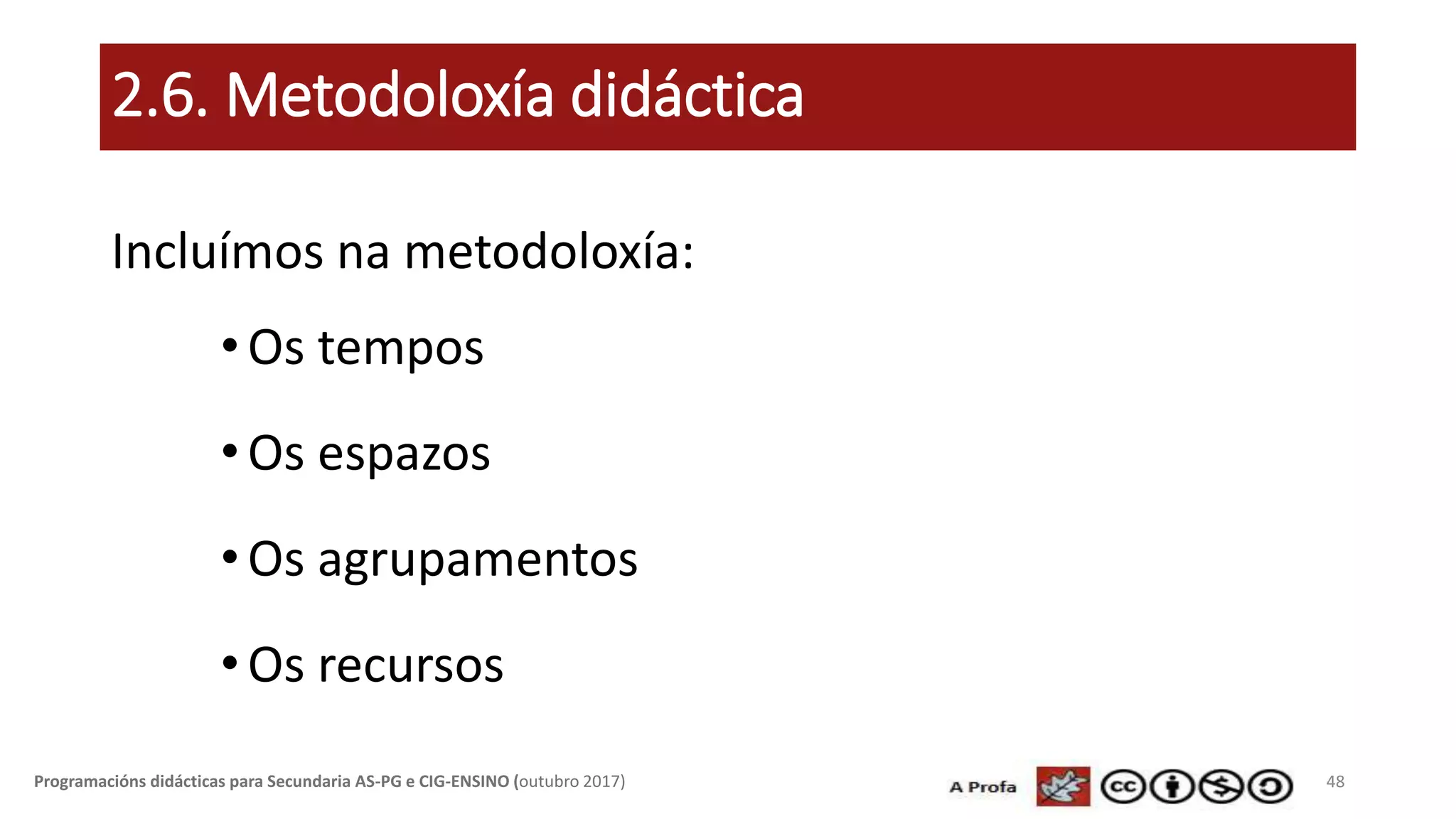 2.6. Metodoloxía didáctica
Incluímos na metodoloxía:
•Os tempos
•Os espazos
•Os agrupamentos
•Os recursos
48Programacións didácticas para Secundaria AS-PG e CIG-ENSINO (outubro 2017)
 