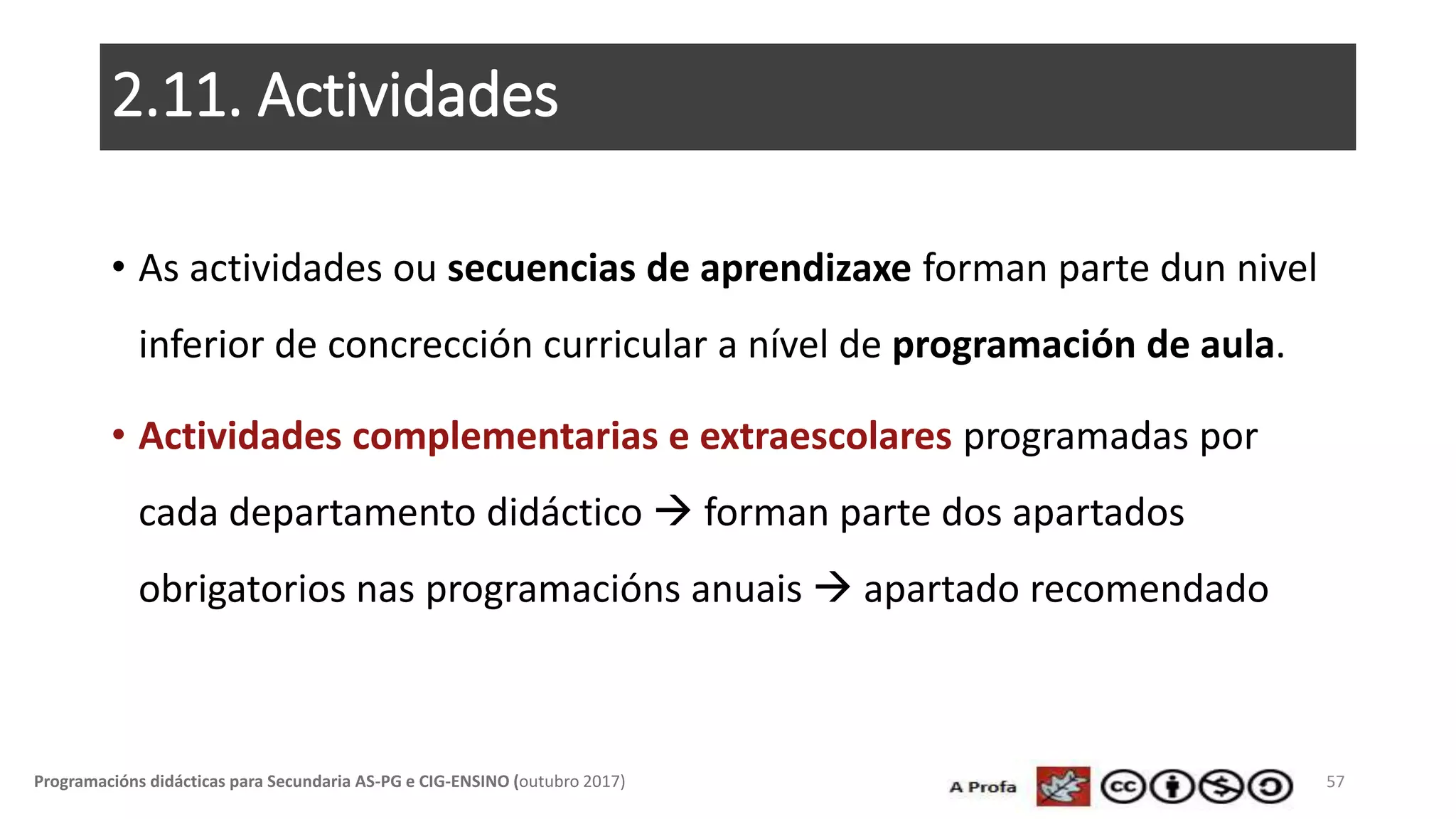 2.11. Actividades
• As actividades ou secuencias de aprendizaxe forman parte dun nivel
inferior de concrección curricular a nível de programación de aula.
• Actividades complementarias e extraescolares programadas por
cada departamento didáctico  forman parte dos apartados
obrigatorios nas programacións anuais  apartado recomendado
57Programacións didácticas para Secundaria AS-PG e CIG-ENSINO (outubro 2017)
 