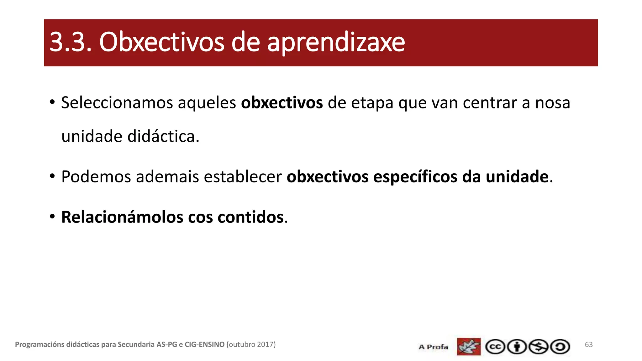 3.3. Obxectivos de aprendizaxe
63Programacións didácticas para Secundaria AS-PG e CIG-ENSINO (outubro 2017)
• Seleccionamos aqueles obxectivos de etapa que van centrar a nosa
unidade didáctica.
• Podemos ademais establecer obxectivos específicos da unidade.
• Relacionámolos cos contidos.
 