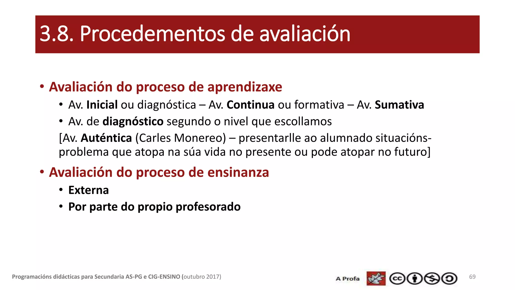 3.8. Procedementos de avaliación
• Avaliación do proceso de aprendizaxe
• Av. Inicial ou diagnóstica – Av. Continua ou formativa – Av. Sumativa
• Av. de diagnóstico segundo o nivel que escollamos
[Av. Auténtica (Carles Monereo) – presentarlle ao alumnado situacións-
problema que atopa na súa vida no presente ou pode atopar no futuro]
• Avaliación do proceso de ensinanza
• Externa
• Por parte do propio profesorado
69Programacións didácticas para Secundaria AS-PG e CIG-ENSINO (outubro 2017)
 