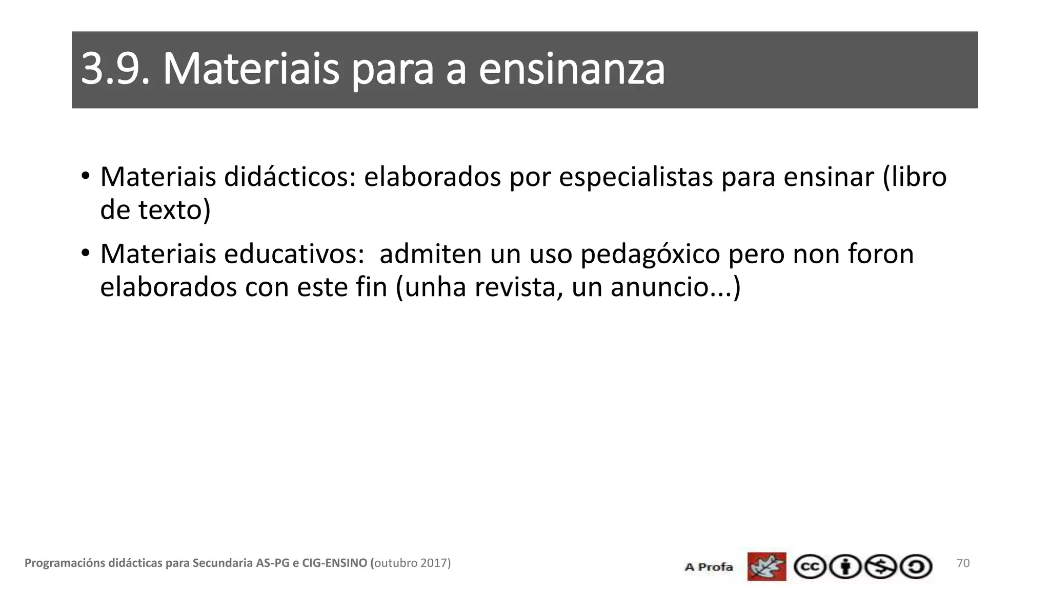 3.9. Materiais para a ensinanza
• Materiais didácticos: elaborados por especialistas para ensinar (libro
de texto)
• Materiais educativos: admiten un uso pedagóxico pero non foron
elaborados con este fin (unha revista, un anuncio...)
70Programacións didácticas para Secundaria AS-PG e CIG-ENSINO (outubro 2017)
 