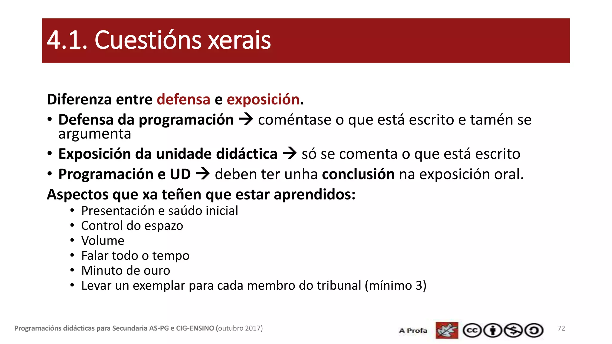 4.1. Cuestións xerais
Diferenza entre defensa e exposición.
• Defensa da programación  coméntase o que está escrito e tamén se
argumenta
• Exposición da unidade didáctica  só se comenta o que está escrito
• Programación e UD  deben ter unha conclusión na exposición oral.
Aspectos que xa teñen que estar aprendidos:
• Presentación e saúdo inicial
• Control do espazo
• Volume
• Falar todo o tempo
• Minuto de ouro
• Levar un exemplar para cada membro do tribunal (mínimo 3)
72Programacións didácticas para Secundaria AS-PG e CIG-ENSINO (outubro 2017)
 