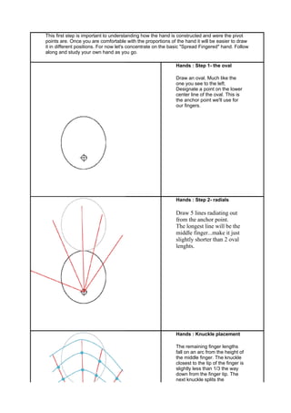 This first step is important to understanding how the hand is constructed and were the pivot
points are. Once you are comfortable with the proportions of the hand it will be easier to draw
it in different positions. For now let's concentrate on the basic "Spread Fingered" hand. Follow
along and study your own hand as you go.

                                                             Hands : Step 1- the oval

                                                             Draw an oval. Much like the
                                                             one you see to the left.
                                                             Designate a point on the lower
                                                             center line of the oval. This is
                                                             the anchor point we'll use for
                                                             our fingers.




                                                             Hands : Step 2- radials

                                                             Draw 5 lines radiating out
                                                             from the anchor point.
                                                             The longest line will be the
                                                             middle finger...make it just
                                                             slightly shorter than 2 oval
                                                             lenghts.




                                                             Hands : Knuckle placement

                                                             The remaining finger lengths
                                                             fall on an arc from the height of
                                                             the middle finger. The knuckle
                                                             closest to the tip of the finger is
                                                             slightly less than 1/3 the way
                                                             down from the finger tip. The
                                                             next knuckle splits the
 