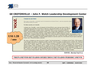 GE CROTONVILLE – John F. Welch Leadership Development Center




US$ 1.2B
 / ano



                                                              FONTE : Revista Você S.A.

       TREINAMENTOS REVISADOS OFERECIDOS E REVISADOS PERIODICAMENTE

Seta – Desenvolvimento Gerencial (www.setadg.com.br)   10   IQPC – LIDERANÇA - JULHO 2010
 