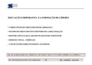 EDUCAÇÃO CORPORATIVA E A FORMAÇÃO DE LÍDERES



• VÁRIOS NÍVEIS DE TREINAMENTO DE LIDERANÇA

• ESCOPO DO TREINAMENTO É DEFINIDO PELA ORGANIZAÇÃO

• DEFINIR E DIVULGAR CLARAMENTE QUEM IRÁ PARTICIPAR

• IMERSÃO TOTAL x MÓDULOS

• USO DE INSTRUTORES INTERNOS x EXTERNOS




QUAIS HABILIDADES DE LIDERANÇA DEVERÃO TER O S FUTUROS LÍDERES DA EMPRESA ? ! ?


Seta – Desenvolvimento Gerencial (www.setadg.com.br)   13   IQPC – LIDERANÇA - JULHO 2010
 