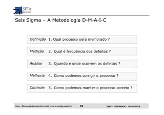 Seis Sigma – A Metodologia D-M-A-I-C



             Definição 1. Qual processo será melhorado ?


             Medição          2. Qual é freqüência dos defeitos ?


             Análise          3. Quando e onde ocorrem os defeitos ?


             Melhoria         4. Como podemos corrigir o processo ?


             Controle         5. Como podemos manter o processo correto ?




Seta – Desenvolvimento Gerencial (www.setadg.com.br)   35     IQPC – LIDERANÇA - JULHO 2010
 