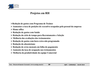 Projetos em RH


    Redução de gastos com Programa de Trainee
    Aumentar a taxa de posições de executivo ocupadas pelo pessoal da empresa
    Home office
    Redução de gastos com Saúde
    Redução do ciclo de tempo para Recrutamento e Seleção
    Melhoria das avaliações dos treinamentos
    Redução de gastos com hora extra não programada
    Redução do absenteísmo
    Redução de erros mensais em folha de pagamento
    Aumento da taxa de ocupação nos treinamentos
    Melhoria da produtividade da equipe Comercial




Seta – Desenvolvimento Gerencial (www.setadg.com.br)   39   IQPC – LIDERANÇA - JULHO 2010
 