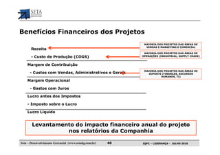 Benefícios Financeiros dos Projetos
                                                             MAIORIA DOS PROJETOS DAS ÁREAS DE
                                                              VENDAS E MARKETING E COMERCIAL
       Receita
                                                             MAIORIA DOS PROJETOS DAS ÁREAS DE
       - Custo de Produção (COGS)                           OPERAÇÕES (INDUSTRIAL, SUPPLY CHAIN)


    Margem de Contribuição
                                                             MAIORIA DOS PROJETOS NAS ÁREAS DE
      - Custos com Vendas, Administrativos e Gerais            SUPORTE (FINANÇAS, RECURSOS
                                                                       HUMANOS, TI)
    Margem Operacional

      - Gastos com Juros

    Lucro antes dos Impostos

    - Imposto sobre o Lucro

    Lucro Líquido


       Levantamento do impacto financeiro anual do projeto
                 nos relatórios da Companhia

Seta – Desenvolvimento Gerencial (www.setadg.com.br)   40   IQPC – LIDERANÇA - JULHO 2010
 