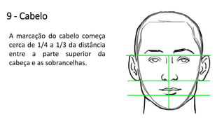 9 - Cabelo
A marcação do cabelo começa
cerca de 1/4 a 1/3 da distância
entre a parte superior da
cabeça e as sobrancelhas.
 