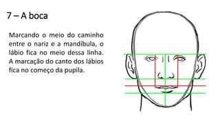 7 – A boca
Marcando o meio do caminho
entre o nariz e a mandíbula, o
lábio fica no meio dessa linha.
A marcação do canto dos lábios
fica no começo da pupila.
 