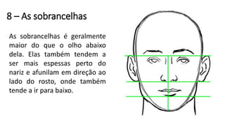 8 – As sobrancelhas
As sobrancelhas é geralmente
maior do que o olho abaixo
dela. Elas também tendem a
ser mais espessas perto do
nariz e afunilam em direção ao
lado do rosto, onde também
tende a ir para baixo.
 