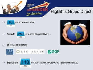 Highlihts Grupo Direct anos de mercado; Mais de  clientes corporativos; Sócios apoiadores: Equipe de  colaboradores focados no relacionamento. 250 10 110 