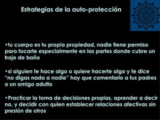 Estrategias de la auto-protección tu cuerpo es tu propia propiedad, nadie tiene permiso para tocarte especialmente en las partes donde cubre un traje de baño si alguien te hace algo o quiere hacerte algo y te dice “no digas nada a nadie” hay que comentarlo a tus padres o un amigo adulto Practicar la toma de decisiones propias, aprender a decir no, y decidir con quien establecer relaciones afectivas sin presión de otros 