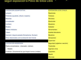 según exposición a Polvo de Sílice Libre


EXPOSICIÓN SIGNIFICATIVA                                EXPOSICIÓN LEVE O NULA
Lampero                                                 Reactivista
Perforista (ayudante, oficial o maestro)                Timbrero
Motorista                                               Winchero
Enmaderador                                             Electricista
Carrilano                                               Muestrero
Shutero                                                 Soldador
Relleno hidráulico                                      Herramentero
Tubero                                                  Analista laboratorio
Operador máquina pesada (Scooptramp, Dumper)            Mecánico
Otros relacionados con la extracción del mineral        Almacenero
                                                        Supervisor
EXPOSICIÓN MODERADA                                     Seguridad (vigilante o sección)
Planta concentradora : chancador, molinero              Tractorista
   flotador.                                            Ingeniero mina
Fundición: Únicamente los que limpian hornos (moldes)   Carpintero
                                                        Albañil
                                                        Oficinista
 