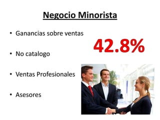 Negocio Minorista
• Ganancias sobre ventas

• No catalogo

• Ventas Profesionales

• Asesores
 