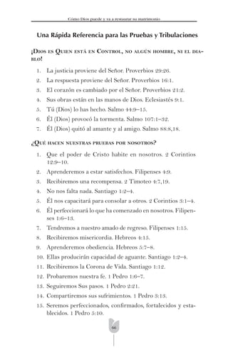 66
Cómo Dios puede y va a restaurar su matrimonio
Una Rápida Referencia para las Pruebas y Tribulaciones
¡DIOS ES QUIEN ESTÁ EN CONTROL, NO ALGÚN HOMBRE, NI EL DIA-
BLO!
1. La justicia proviene del Señor. Proverbios 29:26.
2. La respuesta proviene del Señor. Proverbios 16:1.
3. El corazón es cambiado por el Señor. Proverbios 21:2.
4. Sus obras están en las manos de Dios. Eclesiastés 9:1.
5. Tú (Dios) lo has hecho. Salmo 44:9–15.
6. Él (Dios) provocó la tormenta. Salmo 107:1–32.
7. Él (Dios) quitó al amante y al amigo. Salmo 88:8,18.
¿QUÉ HACEN NUESTRAS PRUEBAS POR NOSOTROS?
1. Que el poder de Cristo habite en nosotros. 2 Corintios
12:9–10.
2. Aprenderemos a estar satisfechos. Filipenses 4:9.
3. Recibiremos una recompensa. 2 Timoteo 4:7,19.
4. No nos falta nada. Santiago 1:2–4.
5. Él nos capacitará para consolar a otros. 2 Corintios 3:1–4.
6. Él perfeccionará lo que ha comenzado en nosotros. Filipen-
ses 1:6–13.
7. Tendremos a nuestro amado de regreso. Filipenses 1:15.
8. Recibiremos misericordia. Hebreos 4:15.
9. Aprenderemos obediencia. Hebreos 5:7–8.
10. Ellas producirán capacidad de aguante. Santiago 1:2–4.
11. Recibiremos la Corona de Vida. Santiago 1:12.
12. Probaremos nuestra fe. 1 Pedro 1:6–7.
13. Seguiremos Sus pasos. 1 Pedro 2:21.
14. Compartiremos sus sufrimientos. 1 Pedro 3:13.
15. Seremos perfeccionados, conﬁrmados, fortalecidos y esta-
blecidos. 1 Pedro 5:10.
 