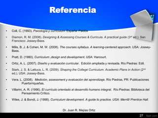 • Coll, C. (1993). Psicología y curriculum. España: Paidós
• Diamon, R. M. (2008). Designing & Assessing Courses & Curricula. A practical guide (3rd ed.). San
Francisco: Jossey-Bass.
• Milis, B. J. & Cohen, M. W. (2008). The courses syllabus. A learning-centered approach. USA: Jossey-
Bass.
• Pratt, D. (1980). Curriculum ,design and development. USA: Harcourt.
• Ortiz, A. L. (2007). Diseño y evaluación curricular. Edición ampliada y revisada. Río Piedras: Edil.
• Stark, J. S. & Lattuca, L. R. (2009). Shaping the College Curriculum. Academic Plans in Action (2nd
ed.). USA: Jossey-Bass.
• Vera. L. (2008). Medición, assessment y evaluación del aprendizaje. Río Piedras, PR: Publicaciones
Puertorriqueñas.
• Villarini, A. R. (1996). El currículo orientado al desarrollo humano integral. Río Piedras: Biblioteca del
Pensamiento Crítico.
• Wiles, J. & Bondi, J. (1998). Curriculum development. A guide to practice. USA: Merrill/ Prentice Hall.
Dr. Juan R. Mejías Ortiz
27
Referencia
 