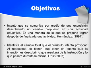 Objetivos
• Intento que se comunica por medio de una exposición
describiendo un cambio propuesto en una actividad
educativa. Es una manera de lo que se propone lograr
después de finalizada una actividad. Hernández, (1994).
• Identifica el cambio total que el currículo intenta provocar.
Al redactarse se tienen que tener en cuenta que la
intención es descubrir lo que resultará de la instrucción y lo
que pasará durante la misma. Ortiz (2007).
Dr. Juan R. Mejías Ortiz 5
 
