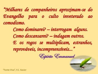 “Milhares de companheiros aproximam-se do
Evangelho para o culto inveterado ao
comodismo.
Como dominarei? – interrogam alguns.
Como descansarei? – indagam outros.
E os rogos se multiplicam, estranhos,
reprováveis, incompreensíveis...”
Espírito Emmanuel
“Fonte Viva”, F.C. Xavier
 