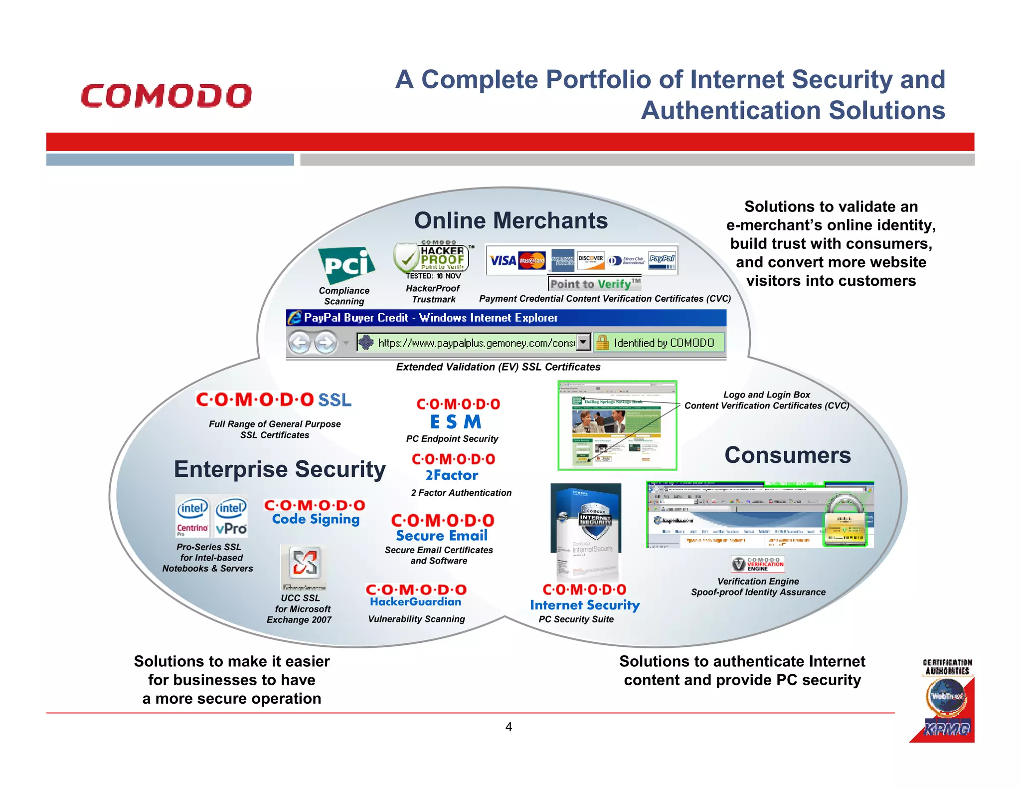 A Complete Portfolio of Internet Security and
                                                                        Authentication Solutions


                                                                                                                                  Solutions to validate an
                                                         Online Merchants                                                       e-merchant’s online identity,
                                                                                                                                build trust with consumers,
                                                                                                                                 and convert more website
                                                       HackerProof
                                                                                                                                  visitors into customers
                                    Compliance
                                     Scanning           Trustmark       Payment Credential Content Verification Certificates (CVC)




                                                     Extended Validation (EV) SSL Certificates

                                                                                                                               Logo and Login Box
                                                                                                                       Content Verification Certificates (CVC)

            Full Range of General Purpose
                   SSL Certificates
                                                             ESM
                                                       PC Endpoint Security

                                                                                                                                Consumers
     Enterprise Security                                    2Factor
                                                         2 Factor Authentication


                          Code Signing
                                                     Secure Email
      Pro-Series SSL                               Secure Email Certificates
       for Intel-based                                  and Software
   Notebooks & Servers
                                                                                                                             Verification Engine
                                                                                                                        Spoof-proof Identity Assurance
                            UCC SSL              HackerGuardian
                          for Microsoft                                            Internet Security
                         Exchange 2007       Vulnerability Scanning                  PC Security Suite



Solutions to make it easier                                                                              Solutions to authenticate Internet
  for businesses to have                                                                                 content and provide PC security
 a more secure operation
                                                                               4
 